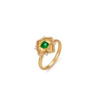 Anillo de Matrimonio para Mujer, Engagement Ring Gold Flower with 0.35Ct Emerald and Diamond 18K Yellow Gold Size R 1/2