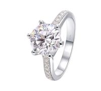 Anillos de Plata para Mujer, Simple Wedding Band 6 Prong Round 8x8mm with 2ct Moissanite 14K White Gold Size N 1/2