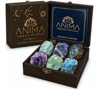 Anima® Aquarius Zodiac Crystal Set for Focus, Expression & Intuition | Elegant wooden gift box with six large, powerful raw crystals curated for Aquarius, plus a personal zodiac guidebook