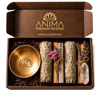 Anima® Energy Cleansing Set for Release, Renewal & Positive Energy | Elegant gift box with two white sage sticks, two palo santo sticks, clear quartz, selenite and a golden lotus smudge bowl
