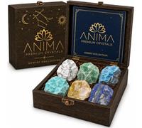 Anima® Gemini Zodiac Crystal Set for Calm, Focus & Clear Expression | Elegant wooden gift box with six large, powerful raw crystals curated for Gemini, plus a personal zodiac guidebook