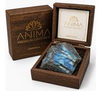 Anima® Large Labradorite Crystal for Transformation and Inner Strength | Elegant wooden gift box with a large raw labradorite from Madagascar, measuring 5 to 6 cm, plus a crystal leaflet