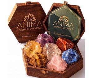Anima Premium 7 Chakra Healing Crystals Set for Energy Alignment - Large Raw Amethyst, Rose Quartz, Citrine, Lapis Lazuli, Clear Quartz, Tigers Eye & Red Jasper - Wooden Gift Box & Guidebook Included