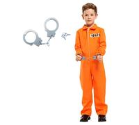 animacoser Prisoner Costume Kids,Orange Prisoner Jumpsuit with Handcuffs,Jailbird Inmate Prison Uniform,Halloween Costume for Boys Girls