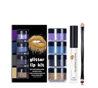 Animakeup Kisses Glitter Lip Kit, 4 Colors Stay Golden Cosmetics Glitter Lip Kit, Waterproof Smudge Proof, Glitter Lips Makeup with Lip Primer and Brush (Blue, One Size)