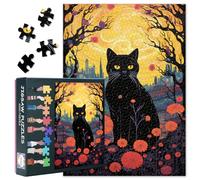 Animal 1000 Piece Puzzles for Adults, Black Cat and Red Flowers in The Night City Jigsaw Puzzles, Imaginary Landscapes Impossible Puzzle, 19.5 x 27.5 Inch
