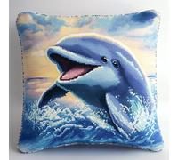 Animal 11Ct Pre-Printed DIY Cross Stitch Cushion,A Happy Dolphin,Needlework Embroidery Kits Handmade Set Craft Sofa Home Decor Gift,45x45cm