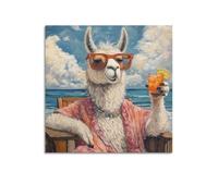 Animal Alpaca Sitting by The Sea Holding A Drink And Wearing Sunglasses Poster Modern Wall Art Canvas Aesthetic Decoration Painting 16x16inch(40x40cm) Unframe-style