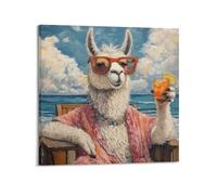Animal Alpaca Sitting by The Sea Holding A Drink And Wearing Sunglasses Poster Modern Wall Art Canvas Aesthetic Decoration Painting 24x24inch(60x60cm) Frame-style