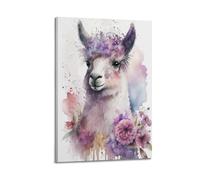 Animal Alpaca Surrounded by Flowers in Watercolor Style Poster Modern Wall Art Canvas Aesthetic Decoration Painting 12x18inch(30x45cm) Frame-style