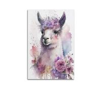 Animal Alpaca Surrounded by Flowers in Watercolor Style Poster Modern Wall Art Canvas Aesthetic Decoration Painting 16x24inch(40x60cm) Unframe-style