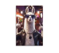 Animal Alpaca Wearing Leather Jacket And Sunglasses Poster Modern Wall Art Canvas Aesthetic Decoration Painting 08x12inch(20x30cm) Unframe-style