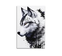 Animal Art Black And White Ink Style Wolf With Yellow Eyes Decorative Painting Canvas Wall Posters And Modern Family Bedroom Decor 12x18inch(30x45cm)