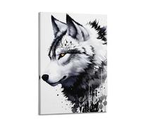 Animal Art Black And White Ink Style Wolf With Yellow Eyes Decorative Painting Canvas Wall Posters And Modern Family Bedroom Decor 16x24inch(40x60cm)