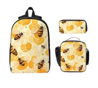 Animal Bee Backpack Set for Girls Boys with Lunch Bag Pencil Case Beehive Honeycomb 3 Pieces School Bags Insulated Lunchbox Gifts for Women Men