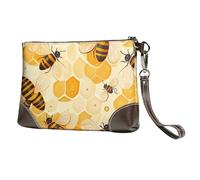 Animal Bee Leather Clutch Bag for Women, Beehive Honeycomb Wristlet Purse with Detachable Strap Evening Handbag, Ladies Long Wallet for Wedding Party Travel Business