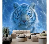 Animal Bengal Tiger Light Blue Photo Mural - 400 x 280 cm Non-Woven Premium Fleece Wall Mural - High Definition Art Print Teen Bedroom Game Room Decoration Environmental Friendly Photo Wallpaper
