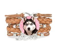 Animal Big Eyes Malamute Dog Love Adjustable Leather Braided Bracelet Brown