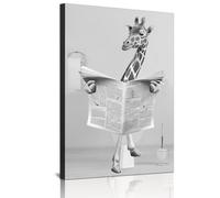 Animal Black & White Wall Art Prints, Canvas Bathroom Pictures Set Funny Elephant Zebra Penguins Giraffe Animal In The Bathtub Pictures Bathroom Decor - Frameless (Giraffe, 20 x 30 cm * 1 piece)