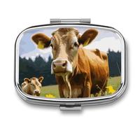 Animal Brown Cow Pill Box 2 Compartments Portable Travel Pill Case Mini Medicine Organizer for Pocket Purse Metal Waterproof Medicine Container Holder Vitamin Fish Oil