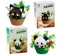 Animal Building Blocks Set,2Pcs3D Animal Flowerpot Model Flowers Building Blocks Creative Diy Construction Toys Figure Decor Building Toys Birthday Gifts For Boys Girls (Panda and Cat)