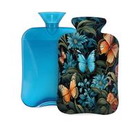 Animal Butterfly Blue Flower Hot Water Bottle with Cover, 2L Large Capacity Hot Water Bag for Hot Cold Compress, Hand Feet Warmer, Neck Shoulder Pain Relief