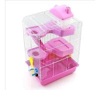 Animal Cages Three-story Villa-style Hamster Cage Wire With Feeding Bowl Running Wheel Slide Rail Toy Pet Accessories Room(Pink)