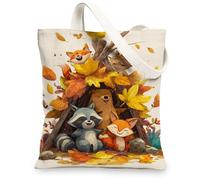Animal Canvas Tote Bags, Cute Forest Friends Pattern Reusable Grocery Bags, Fanciful Nature Lightweight Washable Canvas Bag, White, 13x15 Inch
