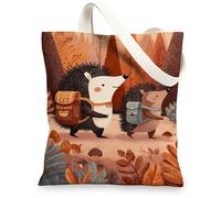 Animal Canvas Tote Bags, Cute Hedgehog Forest Pattern Reusable Grocery Bags, Rustic Nature Lightweight Washable Shoulder St, Brown, 13x15 Inch