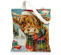 Animal Canvas Tote Bags, Cute Highland Cow Pattern Reusable Grocery Bags, Festive Winter Art Lightweight Washable Shoulder, Multicolor, 13x15 Inch