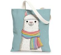Animal Canvas Tote Bags, Cute Llama Illustration Reusable Shopping Bags, Fun Colorful Lightweight Washable Shoulder Strap Canvas Bags for Gym Outdoor Travel Beach Picnic 13x15 Inch