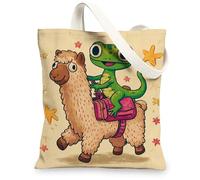 Animal Canvas Tote Bags, Fun Llama Gecko Design Reusable Grocery Bags, Lightweight Washable Shoulder Strap Canvas Bags for, Beige, 13x15 Inch