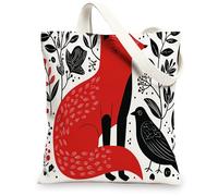 Animal Canvas Tote Bags, Stylish Fox and Bird Pattern Reusable Shopping Bags, Modern Art Lightweight Washable Shoulder Strap Canvas Bags for Travel Gym Outdoor 13x15 Inch