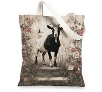Animal Canvas Tote Bags, Vintage Goat and Floral Design Reusable Grocery Bags, Rustic Country Style Lightweight Washable Sh, Beige, 13x15 Inch