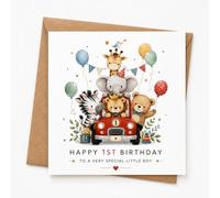 Animal Car 1st Birthday Card for Boy with Envelope, Watercolour Animals Design, Greeting Card for Baby Boys, Son or Grandson, Birthday Message for a Meaningful Celebration