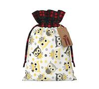 (Animal Cartoon Owls Cute) Christmas Drawstring Gift Bags, Reusable Buffalo Plaid Drawstring Wrapping Bags For Xmas Party Supplies S