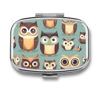 Animal Cartoon Owls Cute Pill Box 2 Compartment, Portable Pill Case with Mirror for Pocket Purse Travel, Mini Metal Medicine Organizer for Vitamins Fish Oil