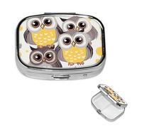 Animal Cartoon Owls Cute Pill Box 2 Compartment Square Portable Pill Case for Pocket or Purse Small Weekly Medicine Planner Travel Pillbox with Mirror Decorative Metal Vitamin Holder Gifts