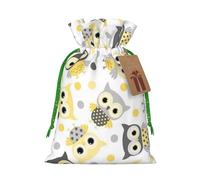 (Animal Cartoon Owls Cute) Printed Christmas M Size Gift Bags with Green Ribbon Drawstring Candy Bags for Kids Xmas Holiday Christmas Eve Presents