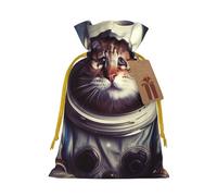 Animal Cat Astronaut Christmas Gift Bags with Tags & Ribbon Ties, Xmas Drawstring Candy Treat Bag Christmas Gifts Sacks Reusable Gift Wrapping Bags for Holiday Party Favors Medium