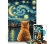 Animal Cat Gazing at Starry Night Jigsaw 1000 Pieces Focus Building Toy Zero Gap Rewarding Activity for Rainy Days (38x52cm)