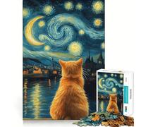 Animal Cat Gazing at Starry Night Jigsaw Puzzle 1000 Pieces Mental Focus Game Precision Cut Smooth Edges Absorbing Activity for Quiet Nights (50x75cm)