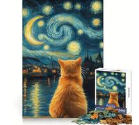 Animal Cat Gazing at Starry Night Jigsaw Puzzle for Adults 1000 Pieces Mind Power Restful Escape Uniform Edges Best Gift (50x75cm)
