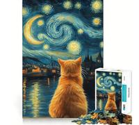 Animal Cat Gazing at Starry Night Jigsaw Puzzles 1000 Mental Focus Game No Gap Tight Fitting Design Interactive Brain Challenge for Home (38x26cm)
