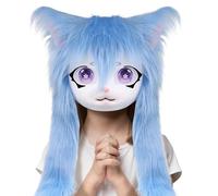 Animal Cat Masque - Furry Costume Head with Big Eyes Long Hair for Cosplay, Stage Performance, Halloween Party, Masquerade, Anime Convention, Plush Accessory, Gift Packaging. 23.62in