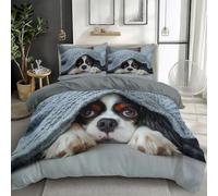 Animal Cavalier King Charles Spaniel Bedding Set Luxury 230x220cm Duvet Cover Set 3pcs, Pet Lover Soft Comfy Grey Duvet Cover Breathable Bedding Sets with Pillow Cases, Reversible, Easy Care