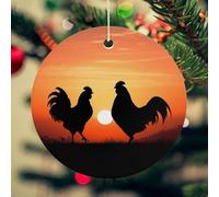 Animal Chickens Christmas Ceramic Ornaments with Gold String - 2.8 Inch Round Double-Sided Porcelain Xmas Tree Decor for Fireplace Mantel, Farmhouse Winter Holiday Hanging Ornaments