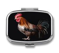 Animal Cockerel Pill Box 2 Compartment Portable Travel Pill Case with Mirror Square Metal Medicines Storage Container Pocket Medicine Box to Hold Vitamins Fish Oil