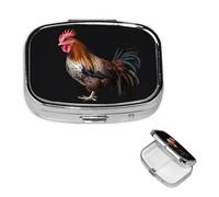 Animal Cockerel Pill Box 2 Compartment Square Portable Pill Case for Pocket or Purse Small Weekly Medicine Planner Travel Pillbox with Mirror Decorative Metal Vitamin Holder Gifts