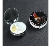 Animal Cockerel Pill Box 3 Compartment Round Portable Pill Case for Pocket or Purse Small Weekly Medicine Planner Travel Pillbox with Mirror Decorative Metal Vitamin Holder Gifts